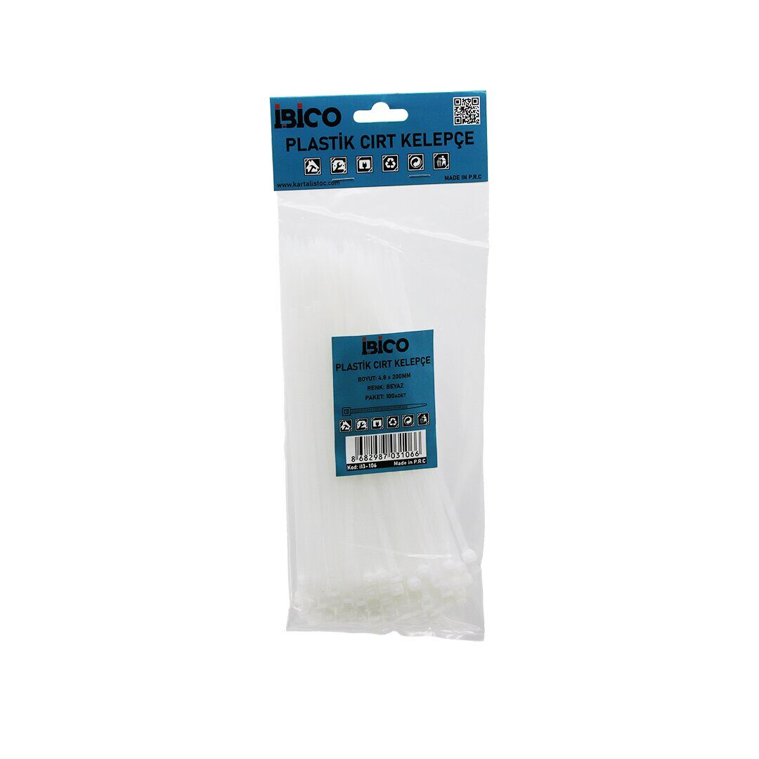 İBİCO İ13-106 ( BEYAZ ) ( 4.8X200MM ) ( PLASTİK ) CIRT KELEPÇE ( KABLO BAĞI ) ( 100PCS )*10X18