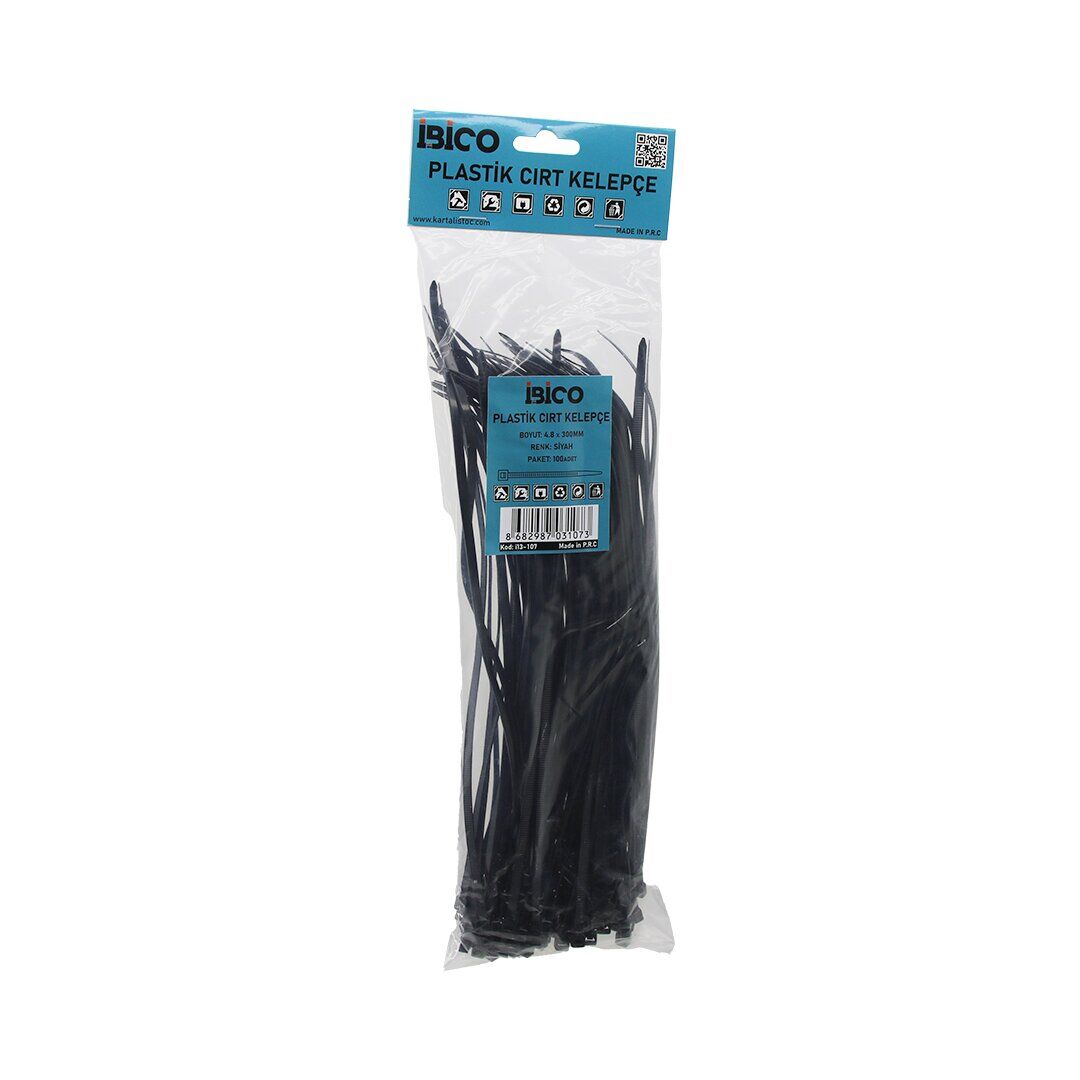 İBİCO İ13-107 ( SİYAH ) ( 4.8X300MM ) ( PLASTİK ) CIRT KELEPÇE ( KABLO BAĞI ) ( 100PCS )*10X15