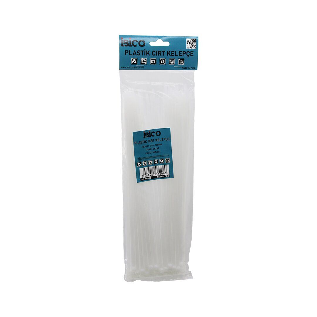 İBİCO İ13-108 ( BEYAZ ) ( 4.8X300MM ) ( PLASTİK ) CIRT KELEPÇE ( KABLO BAĞI ) ( 100PCS )*10X15