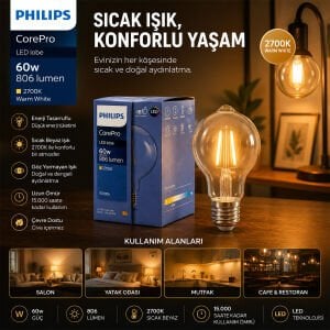 PHILIPS-346772 00 COREPRO G93 ( 2700K & E27 ) ( 7W = 60W & E27 ) ( LED FİLAMENT & RUSTİK AMPUL ) LAMBA ( 806 LUMEN ) ( CAM GÖVDE )*6=K