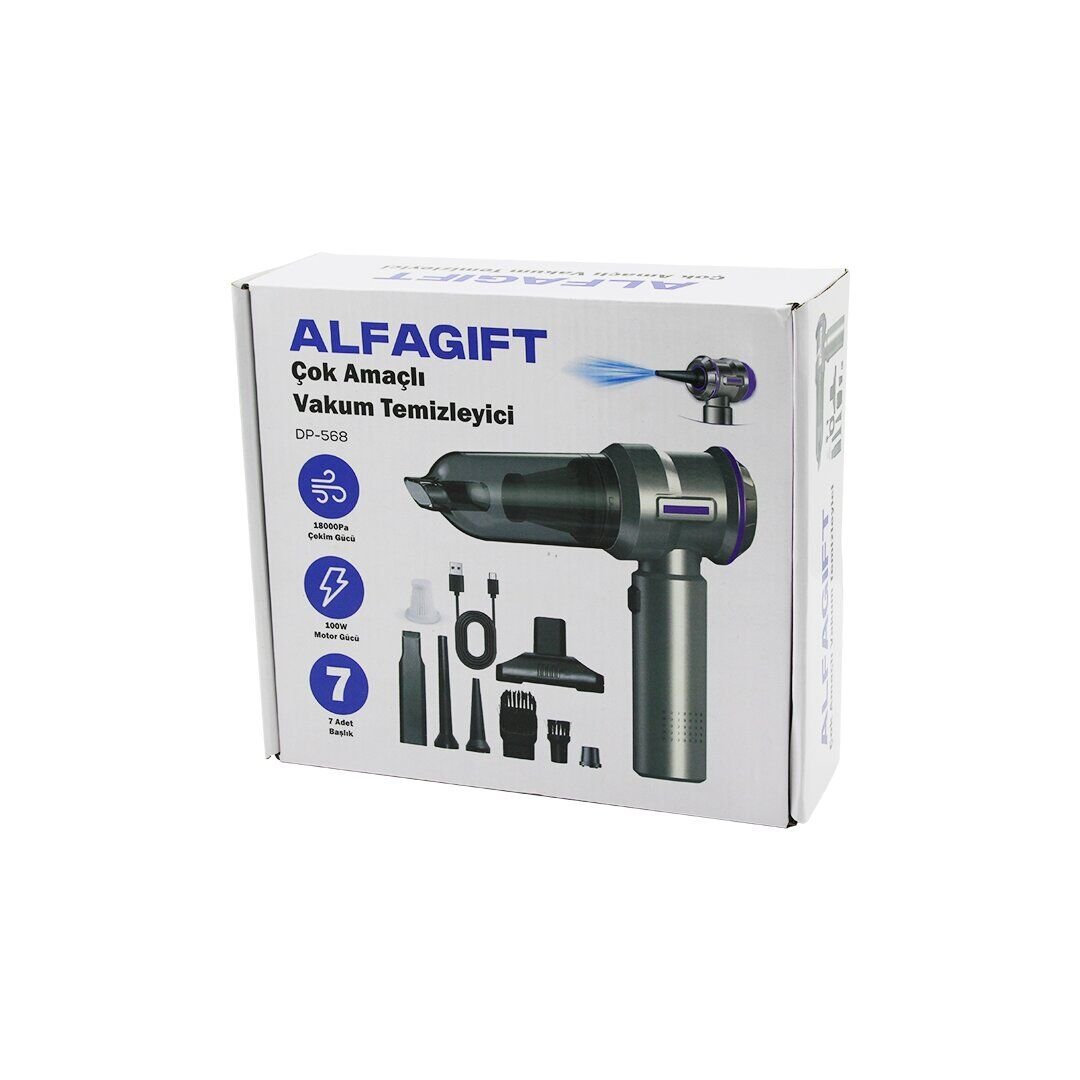 ALFAGIFT DP-568 ( OTO ARAÇ ) ( TYPE-C SARJLI ) EL TİPİ BASINÇLI HAVA ÜFLEME & SÜPÜRGE( 7 BAŞLIK ) 100W*20