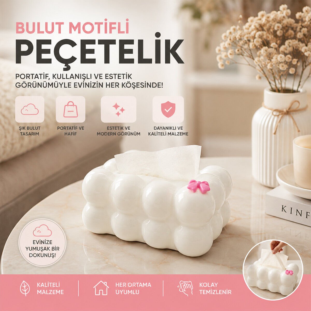 BAROTTİ DMR-9915 ( 19X12.5X8.5CM ) ( BEYAZ ) ( YAYLI ) ( MASAÜSTÜ ) ( BUBBLE ) DEKORATİF BULUT PEÇETELİK*70