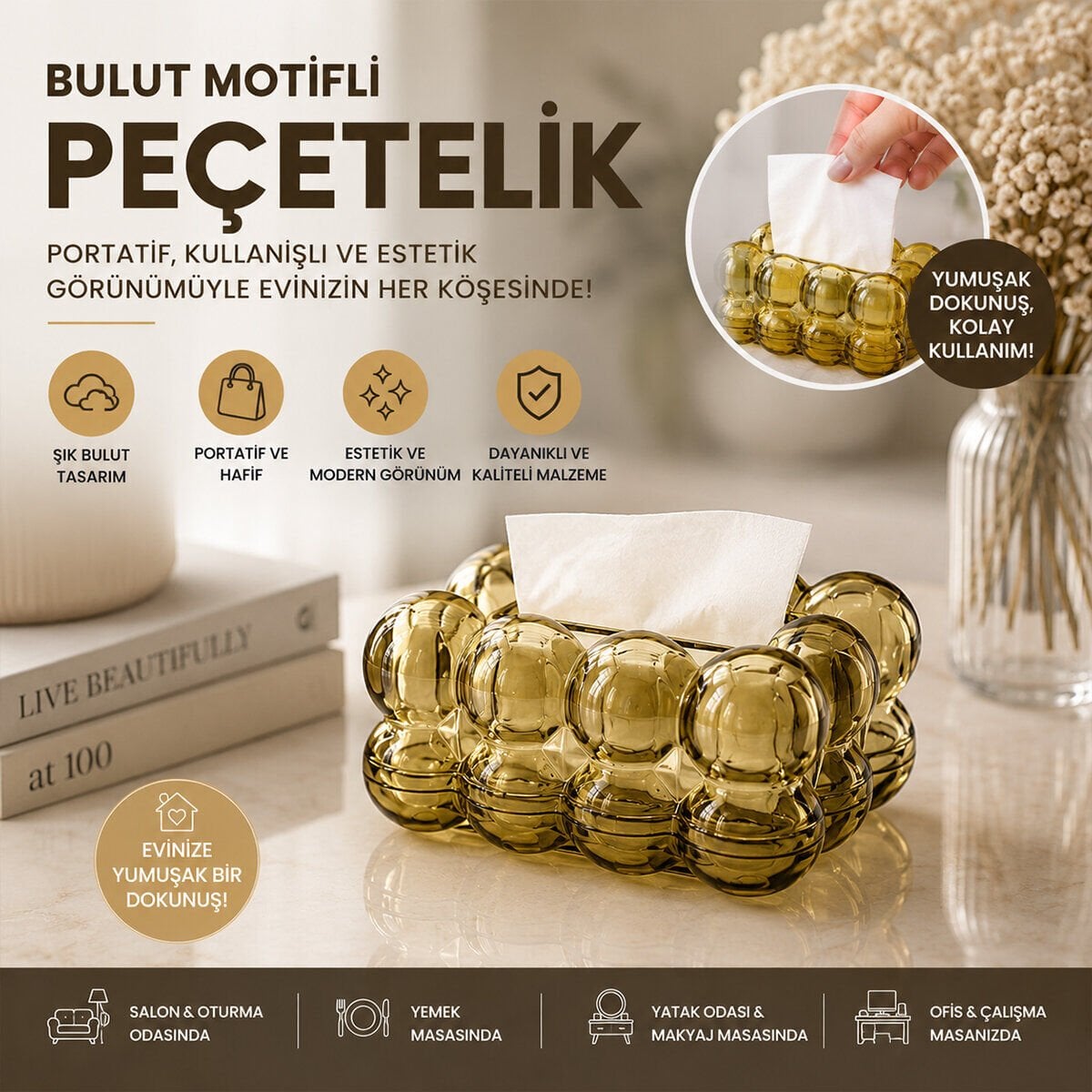BAROTTİ DMR-9914 ( 19X13X9CM ) ( KAHVERENGİ ŞEFFAF ) ( YAYLI ) ( MASAÜSTÜ ) ( BUBBLE ) DEKORATİF BULUT PEÇETELİK*60