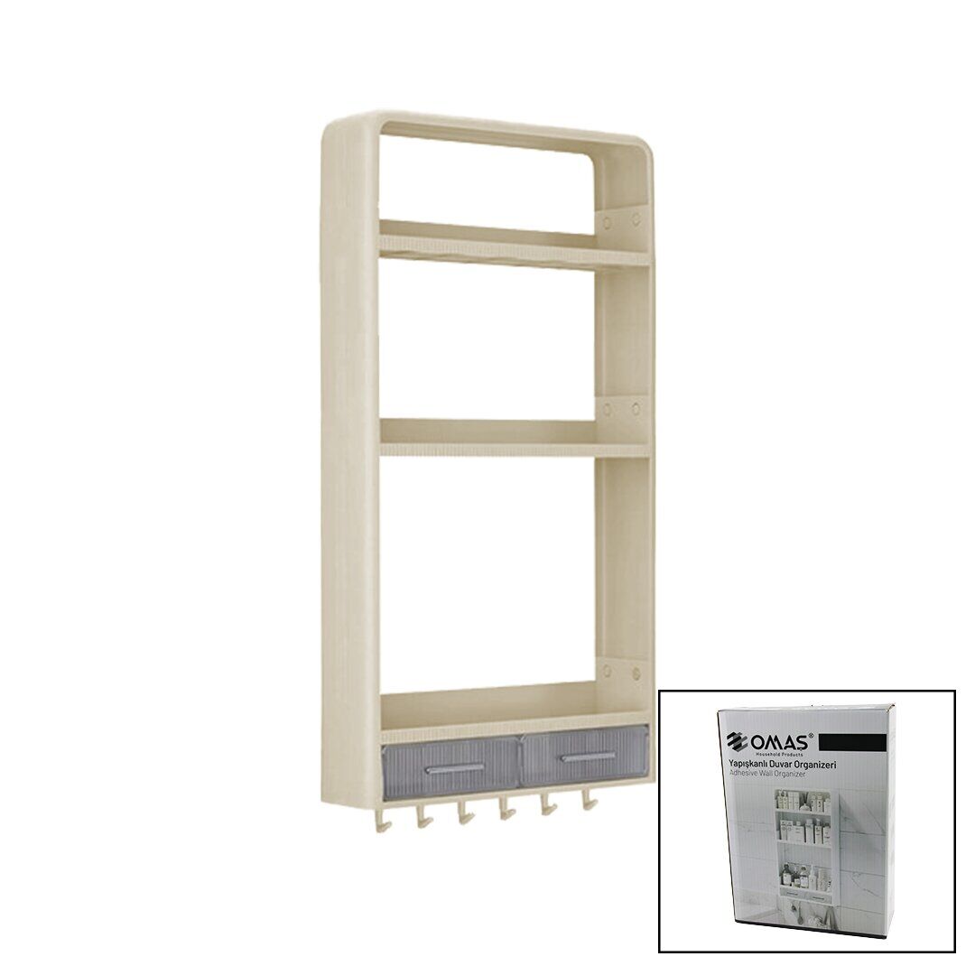 OMAŞ OM-0831 ( BEJ ) YAPIŞKANLI DUVAR ORGANİZERİ PLASTİK ( 3 RAF=14CM-19CM-30CM & 2 ÇEKMECE=40CM & 6 ASKI ) ( 19 PCARÇA )*6