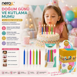NEROX NRX-3016 ( 6PCS ) ( RENKLİ ) ( SÜS ) DOĞUM GÜNÜ MUMU ( BEYAZ PLASTİK TUTACAK )*24X20