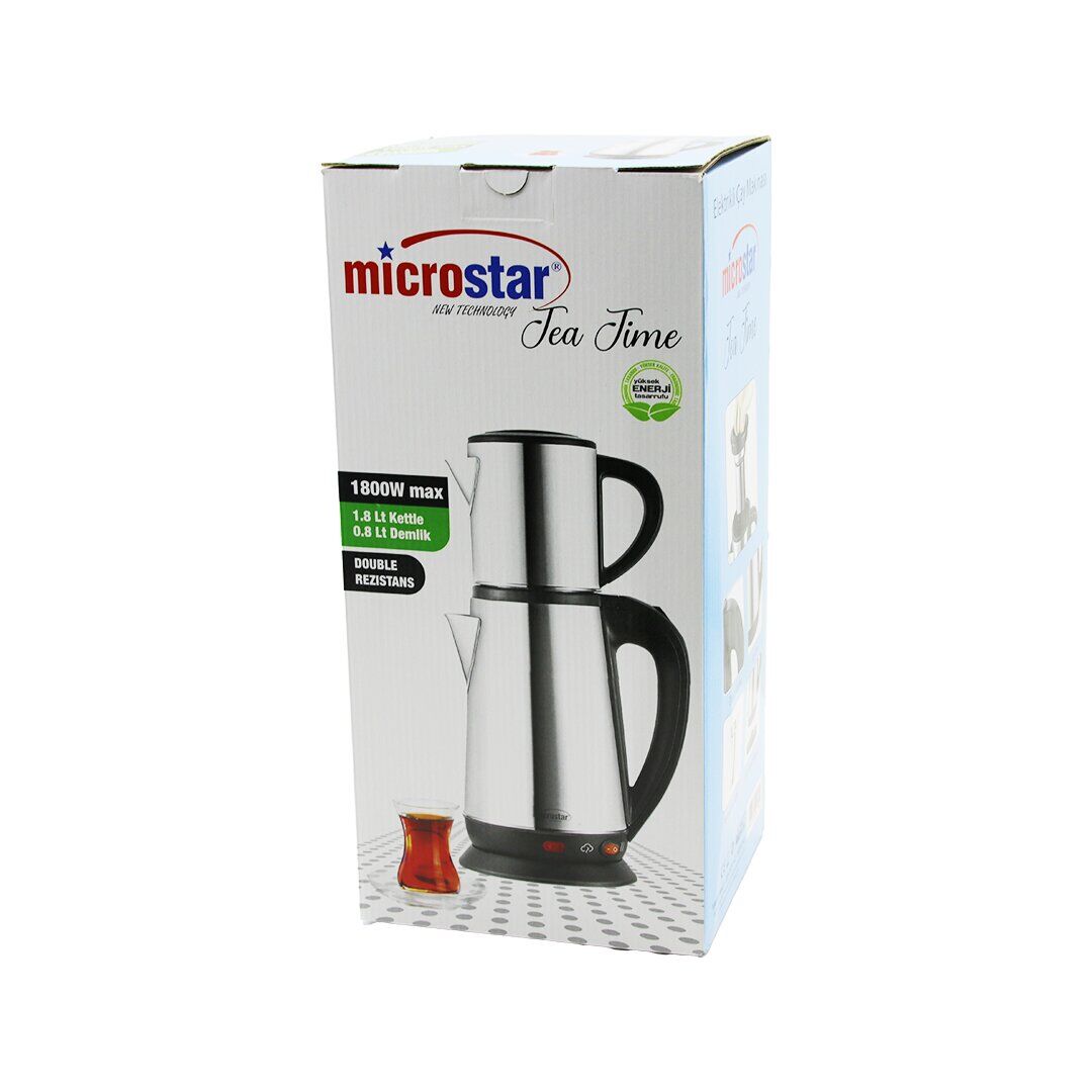 MİCROSTAR ( ELEKTRİKLİ ) ( ÇELİK ) ÇAY MAKİNESİ ( ÇAYCI SET ) ( 1.8LT SU ISITICI+ 0.8LT DEMLİK ) ( 1800W ) ( 360° GÖVDE )*6