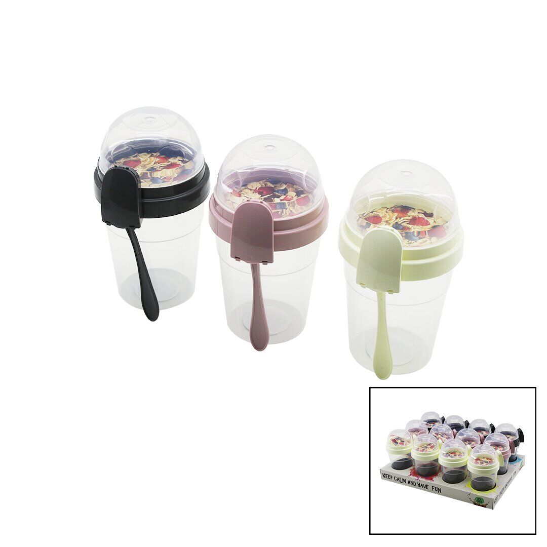 QLUX L-00812 TO GO CONTAINER (MÜSLİ YOĞURT) KABI ( 600ML ) (2 BÖLMELİ & ORTAK KAPAKLI = ŞEFFAF PLASTİK) (PLASTİK KAŞIKLI)*24=K