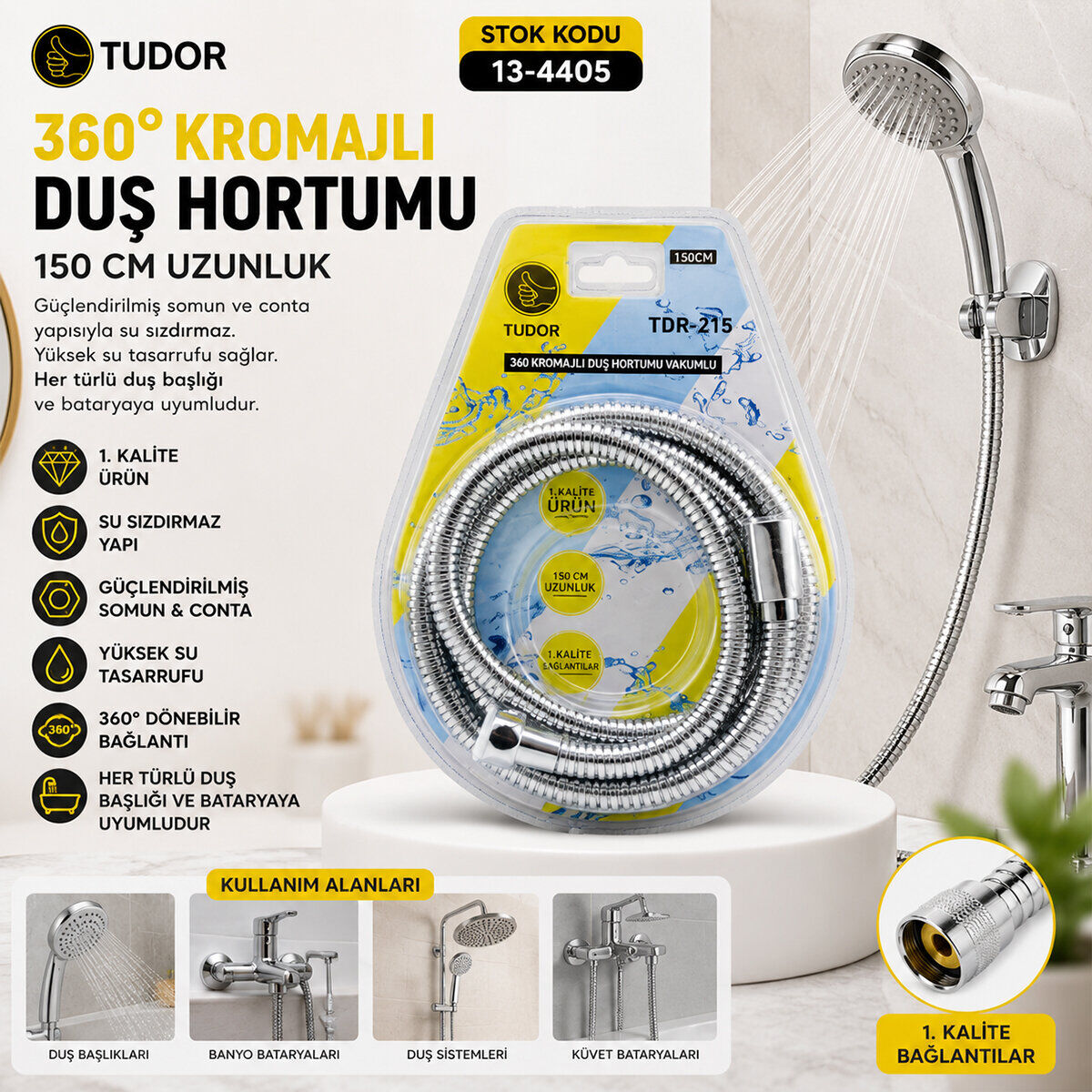 TUDOR TDR-215 ( 360° & METAL ) DUŞ HORTUMU ( 150CM ) ( VAKUMLU AMBALAJ*50