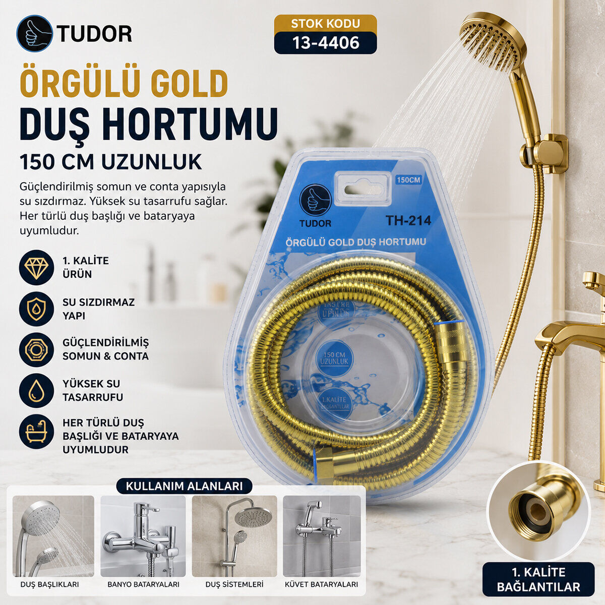 TUDOR TH-214 TH-219 ( GOLD ) ÖRGÜLÜ DUŞ HORTUMU ( 150CM ) ( VAKUMLU AMBALAJ )*60