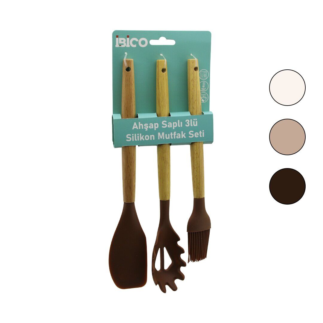 İBİCO İ22-007 (3PCS) (RENKLİ SİLİKON) (AHŞAP SAPLI) MUTFAK SETİ (Y.FIRÇASI & MAKARNA-SALATA KAŞIK & SPATULA)(27-30-31CM)*12X6