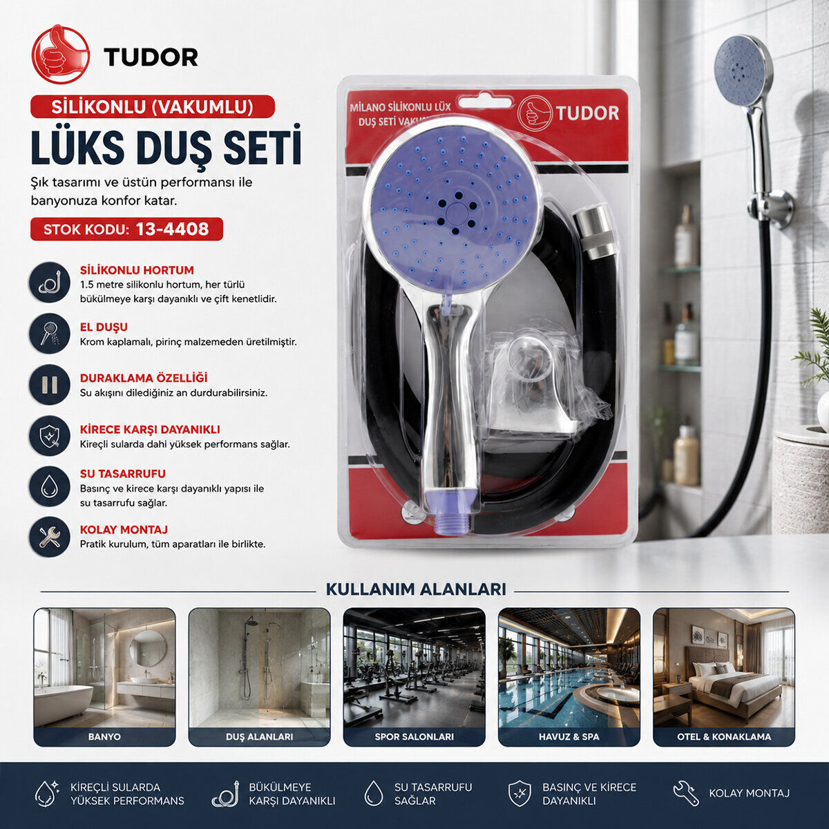 TUDOR TDR-253 MİLANO ( VAKUMLU & SİLİKON ) LÜKS DUŞ SETİ (DUŞ BAŞLIK=MİX) (SİLİKON HORTUM=1.5MT) (MAFSAL=3 KADEME)*50