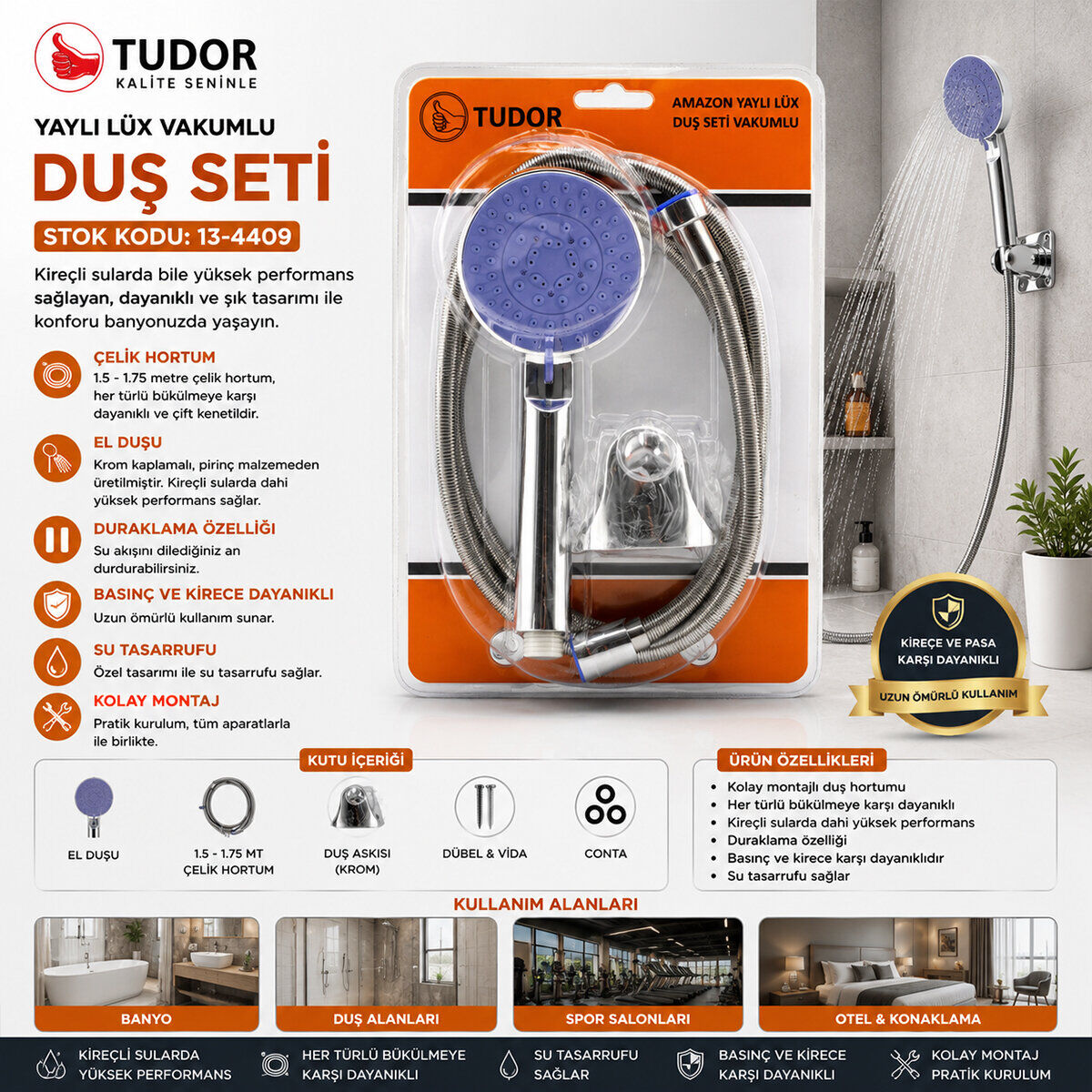 TUDOR TDR-254 ( VAKUMLU & KROM ) LÜKS DUŞ SETİ ( METAL YAYLI HORTUM=150CM ) (MAFSAL )*50