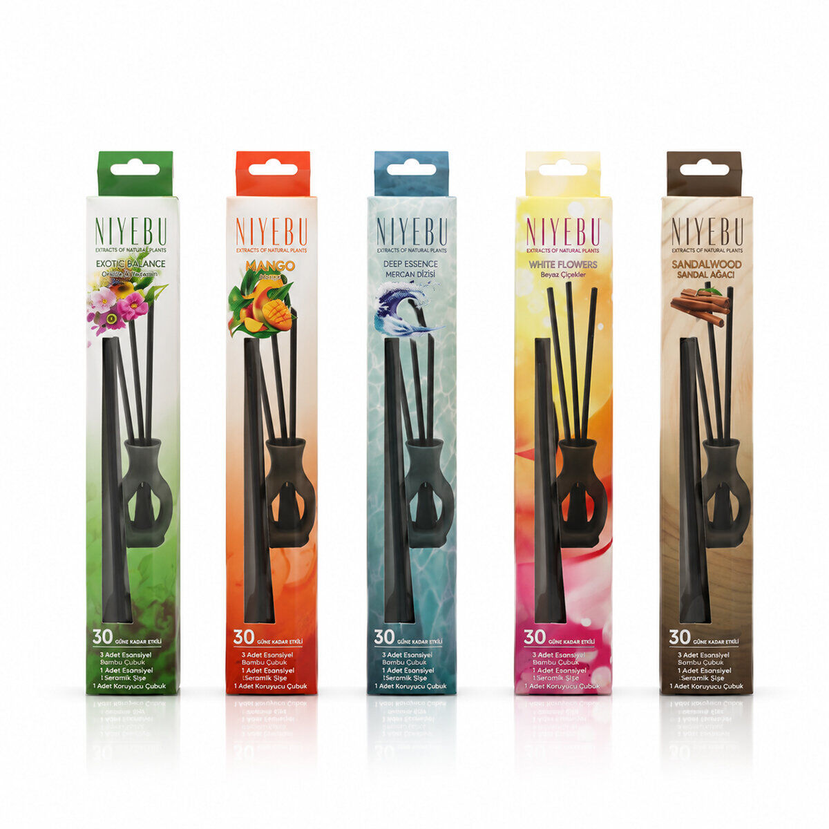 NİYEBU ( 3PCS ) ESANSİYEL KOKU ÇUBUK ( BOTANİC - SANDAL - DENİZ ESİNTİ - MANGO - BUBLE GUM )*60X1