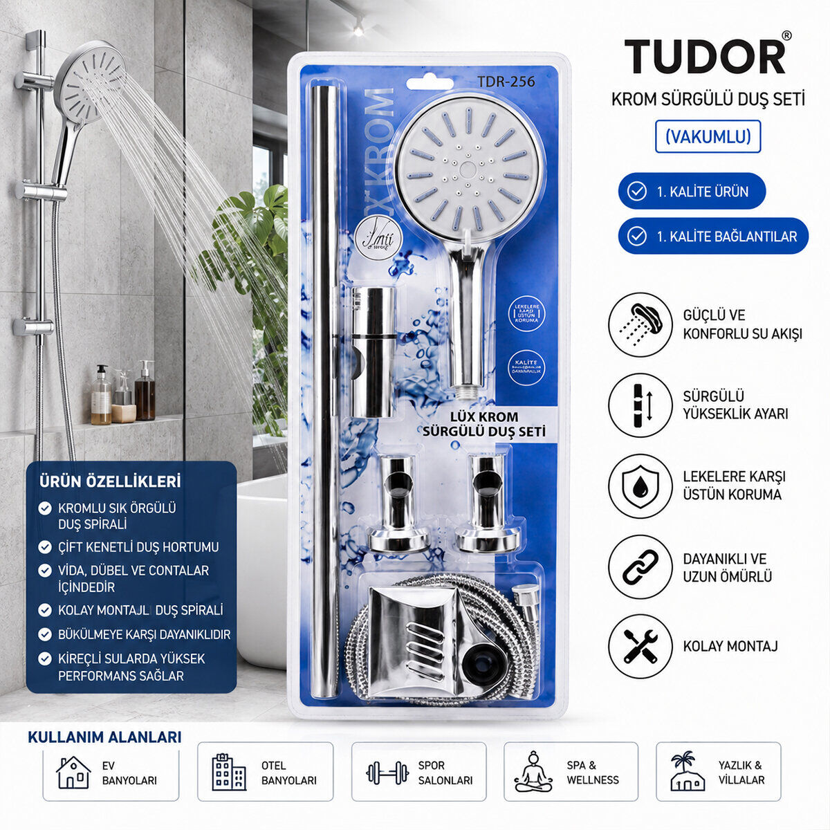 TUDOR TDR-256 ( VAKUMLU & KROM ) LUX SÜRGÜLÜ DUŞ SETİ*25