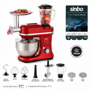 SİNBO SMX-2772 ( KIRMIZI ) STANDLI MİKSER & BLENDER SETİ (3IN1)(KIYMA MAK. APARATI)(5 KADEM. HIZ AYAR )(4.5LT HAZNE & 1.5LT BLENDER)(1500W)*1