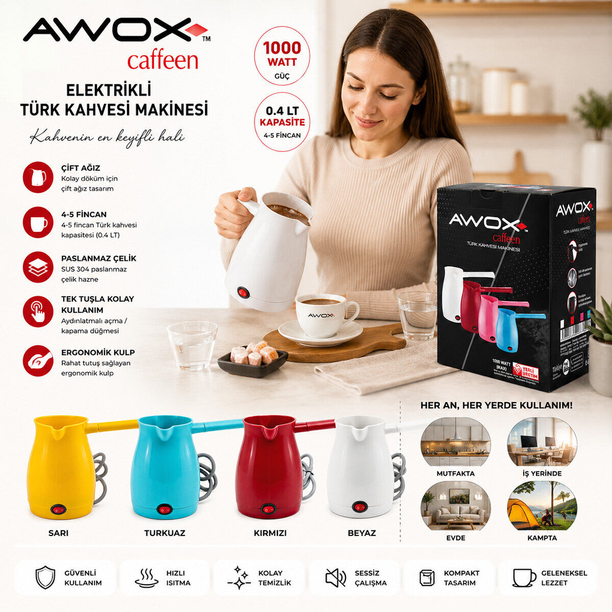 AWOX CAFFEEN ( MAVİ ) ELEKTRİKLİ CEZVE ( TÜRK KAHVESİ ) MAKİNESİ ( PLASTİK ) ( ÇİFT AĞIZ ) ( 0.4LT & 5 FİNCAN ) ( 1000W )*24