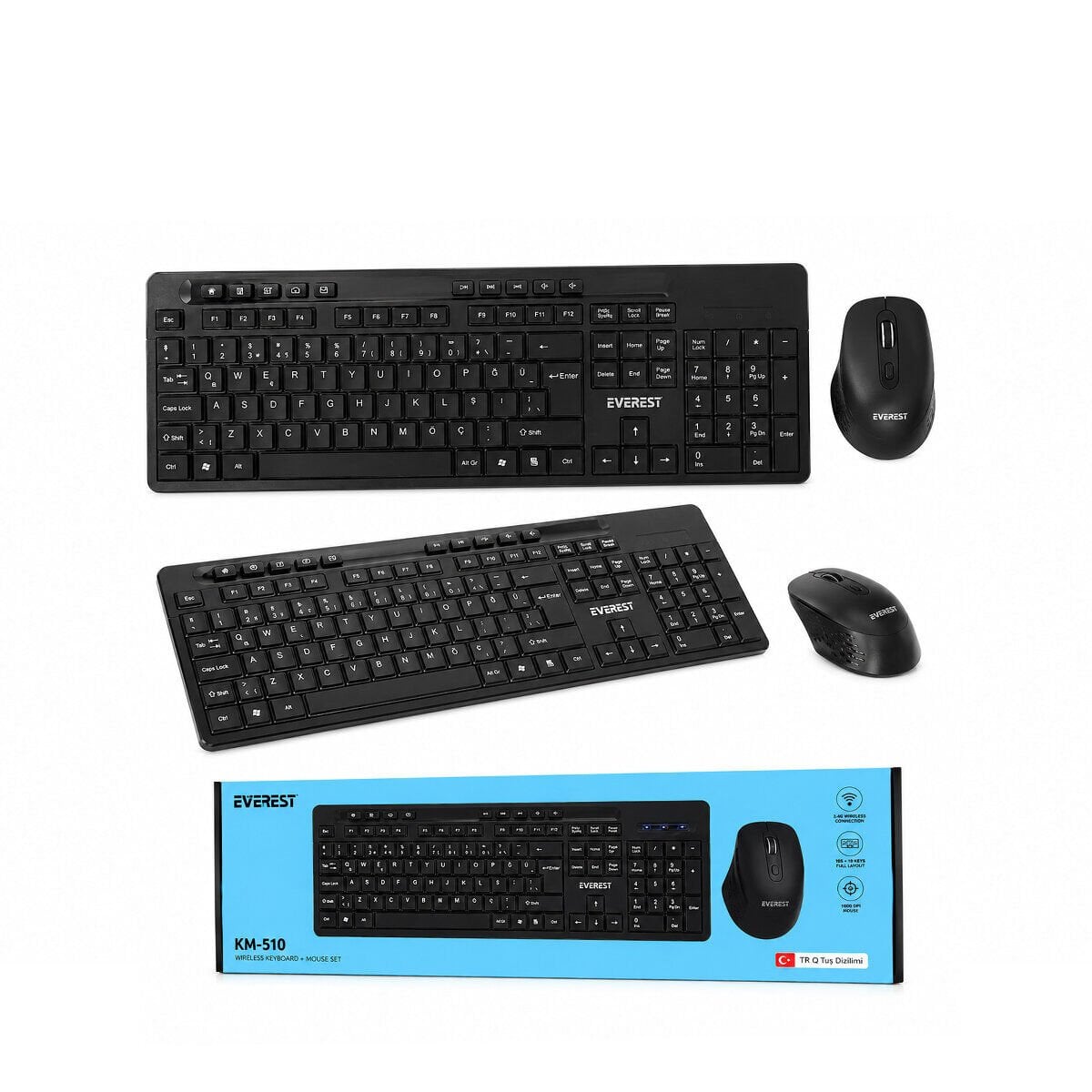 EVEREST KM-510 ( KABLOSUZ ) MULTİMEDİA KLAVYE & MOUSE SETİ ( SİYAH ) ( Q KLAVYE )*10