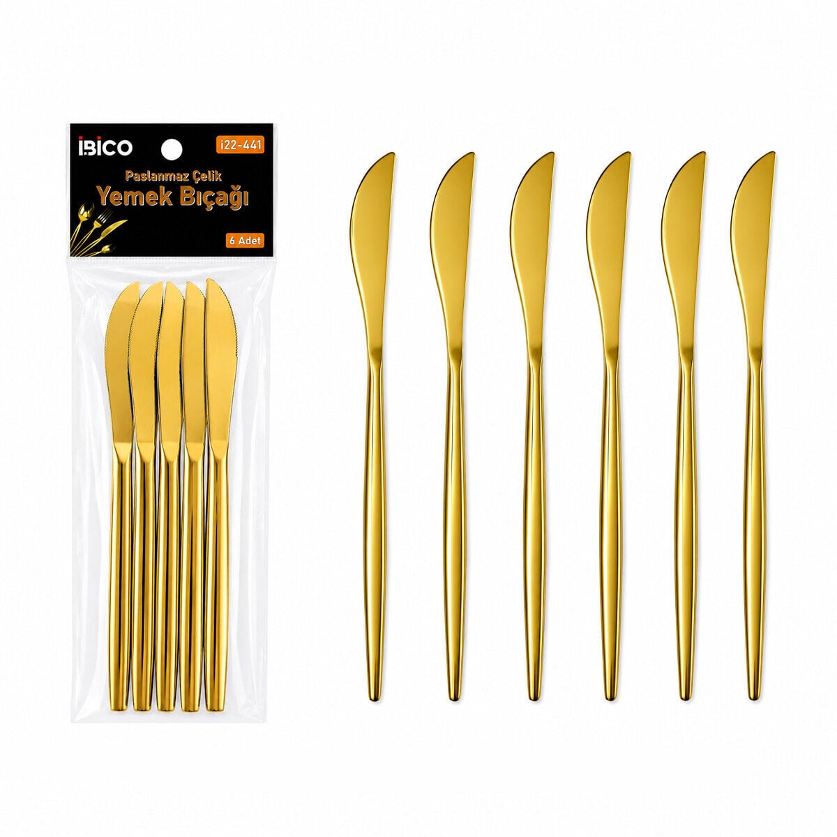 İBİCO İ22-441 ( 6PCS ) ( GOLD ) YEMEK BIÇAK SETİ ( 21CM )*10X10