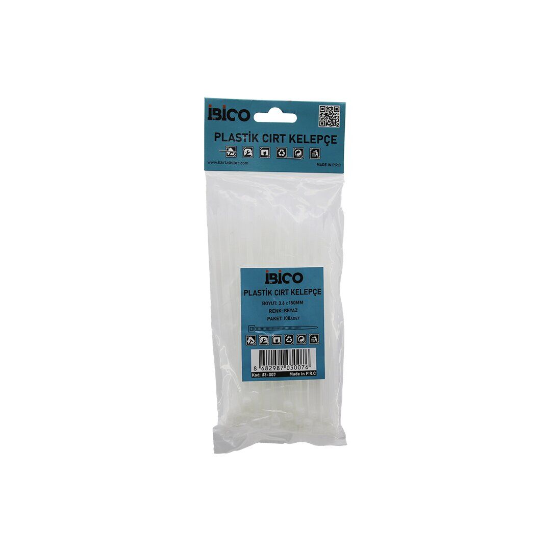 İBİCO İ13-007 ( BEYAZ ) ( 3.6X150MM ) ( PLASTİK ) CIRT KELEPÇE ( KABLO BAĞI ) ( 100PCS )*10X40