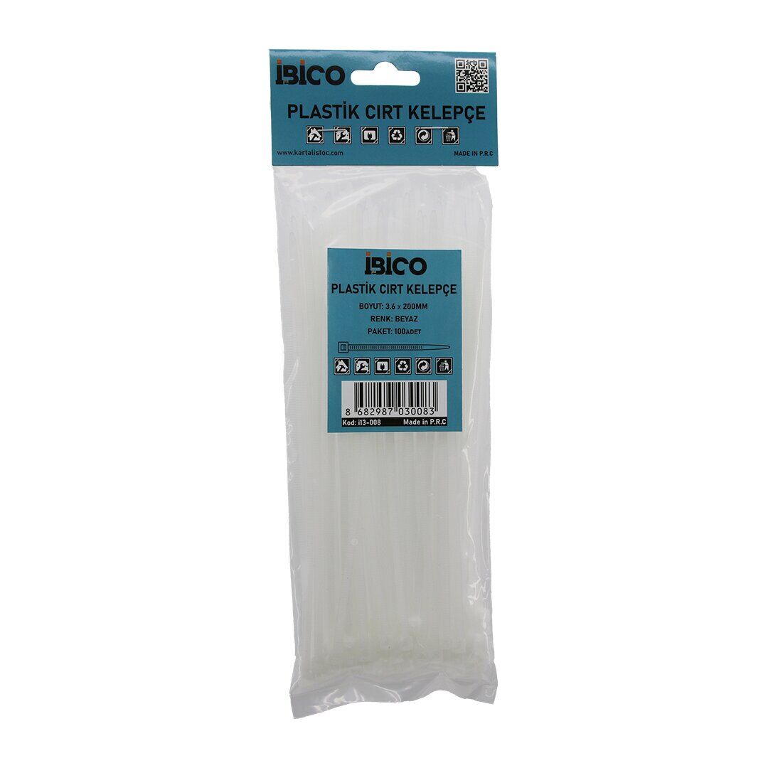 İBİCO İ13-008 ( BEYAZ ) ( 3.6X200MM ) ( PLASTİK ) CIRT KELEPÇE ( KABLO BAĞI ) ( 100PCS )*10X30