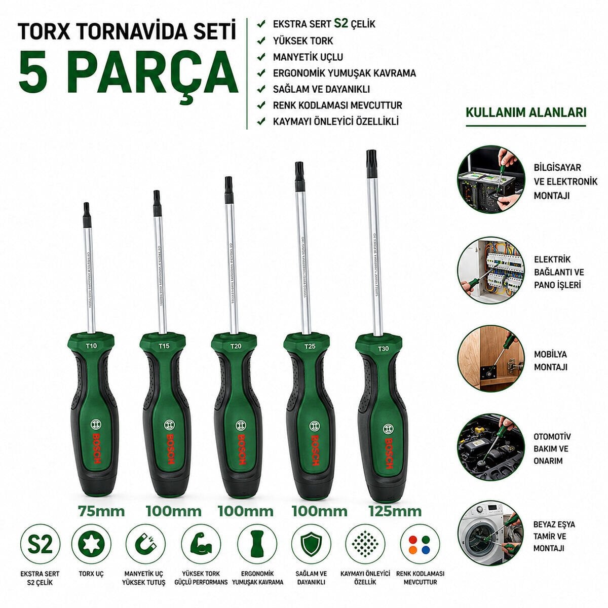 BOSCH-1 600 A02 BX6 ( 524 )( 5PCS ) TORX TORNAVİDA SETİ ( TX10-15-20-25-30 X 75-100-100-100-125MM ) *