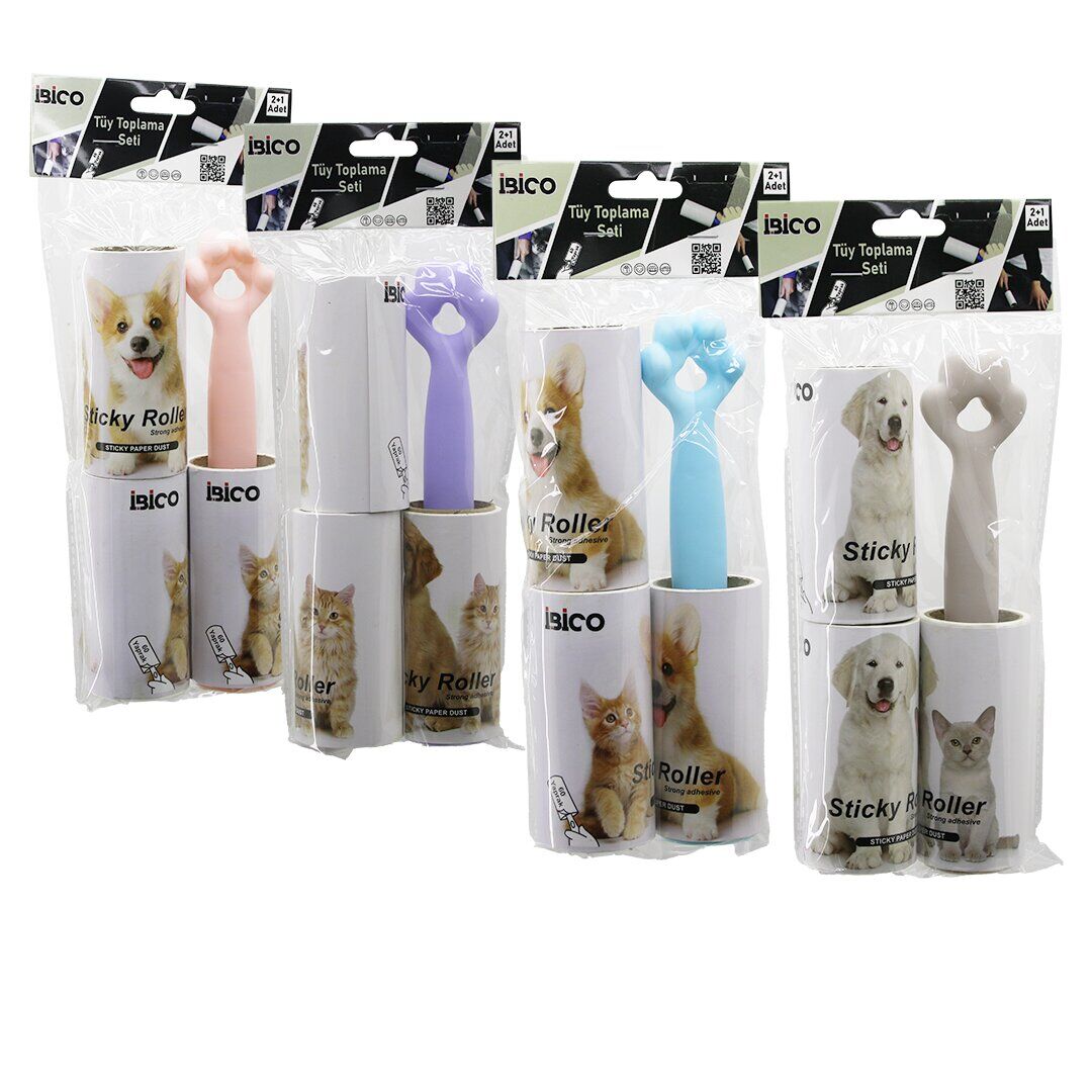İBİCO İ21-086 ( 3PCS SET) ( PATİ SAPLI ) ( YAPIŞKANLI ) PRATİK TÜY TOPLAYICI RULO BANT ( 1-SAPLI=60 YAPRAK + 2-YEDEK=2X60)*12X8