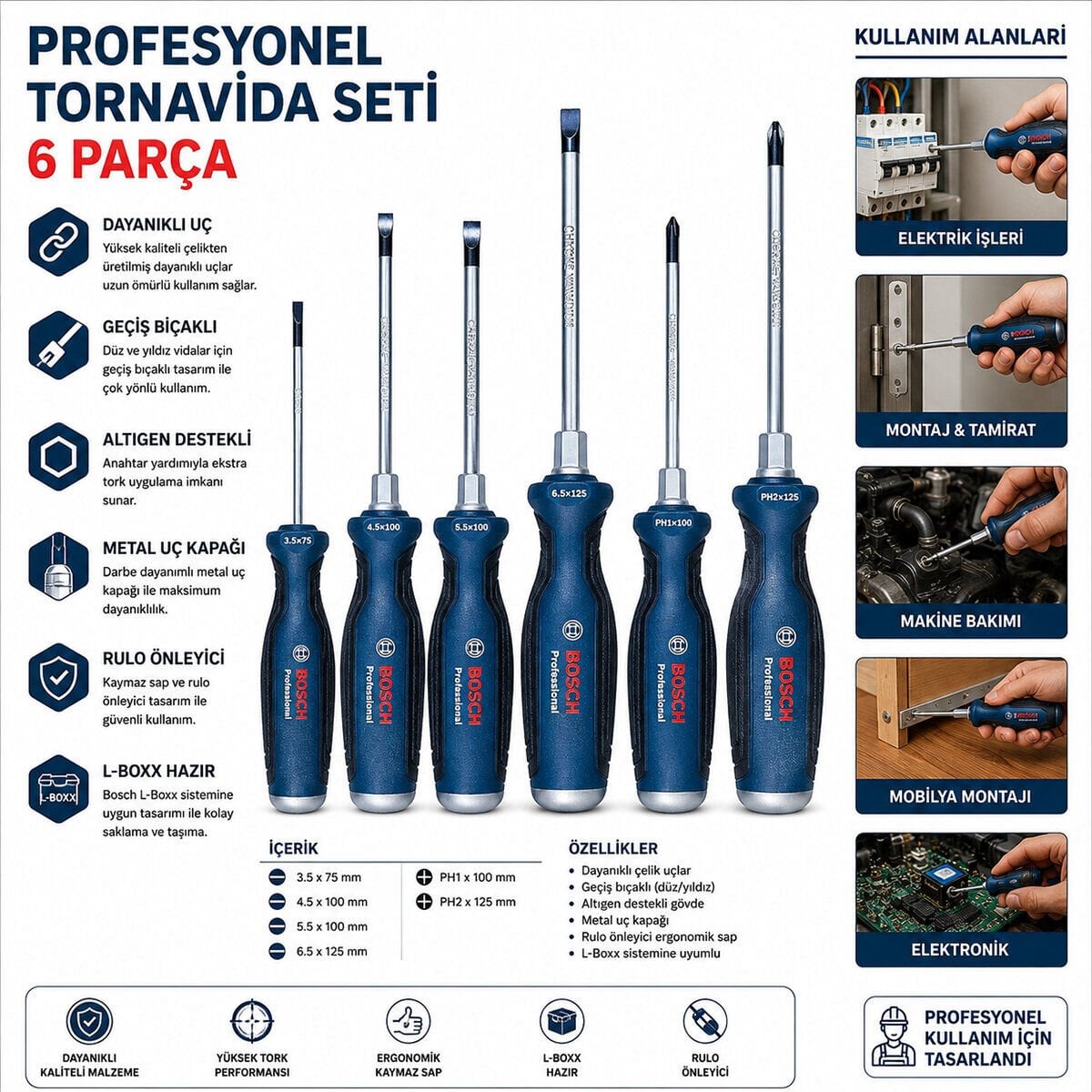 BOSCH-1 600 A01 6BF ( 428 ) ( 6PCS ) PROFESYONEL TORNAVİDA SETİ ( PH2X125 - PH1X100 - 3.5X75 - 6.5X125 - 5.5X100 - 4.5X100 )*1