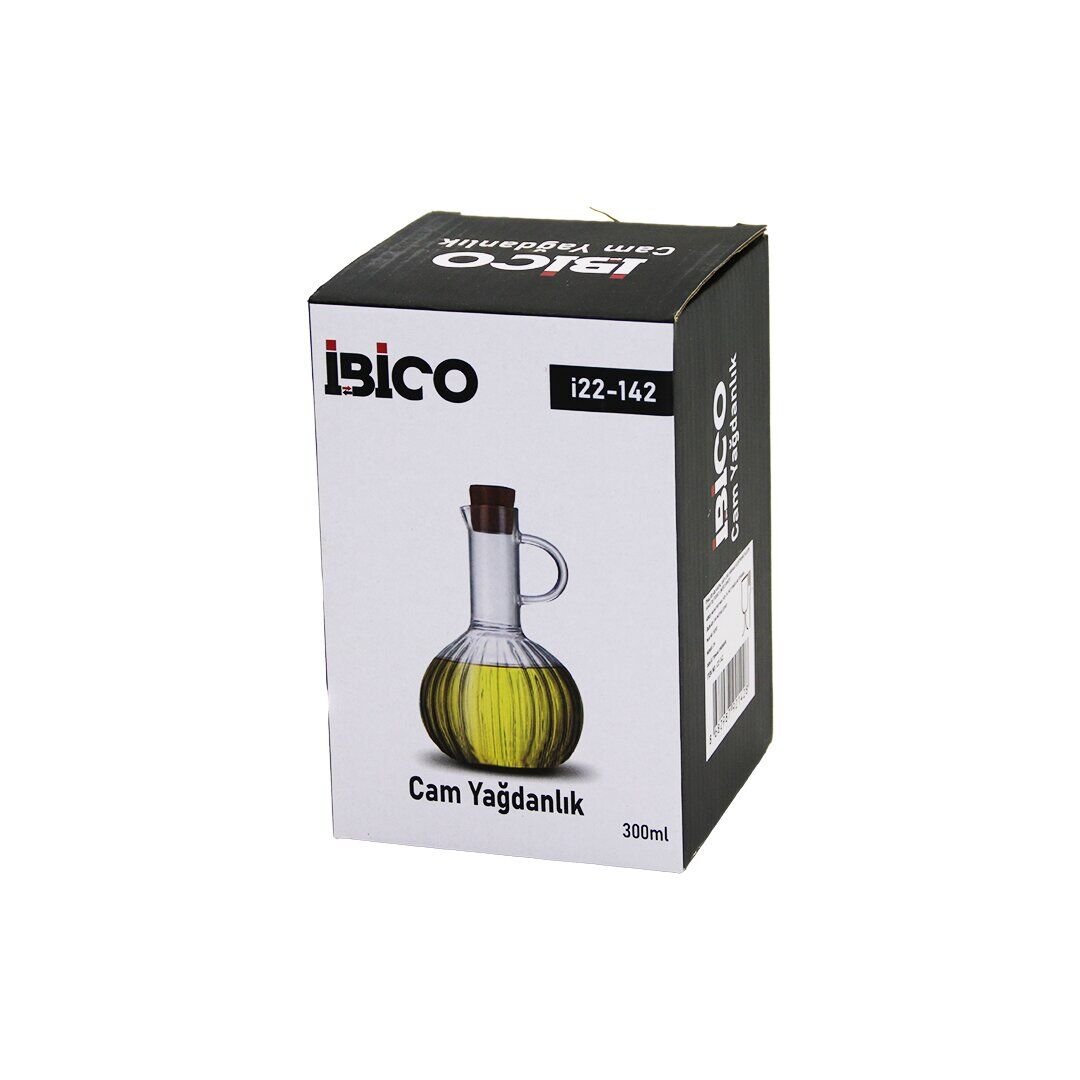 İBİCO İ22-142 ( MİNİ ) ( CAM ) YAĞDANLIK ( ÇİZGİLİ DESEN ) ( 300ML ) ( AHŞAP BAMBU MANTAR TIPA )*48