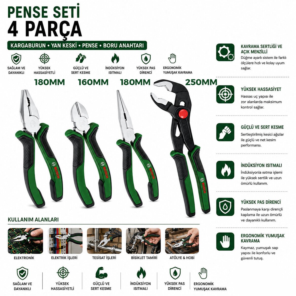 BOSCH-1 600 A02 W7K ( 621 ) ( 4PCS ) PENSE SETİ ( 10'' PAPAĞAN PENSE & 7'' PENSE - 6'' YAN KESKİ - 7'' KARGABURNU ) ( 60 ± KESME SERTLİK )*1