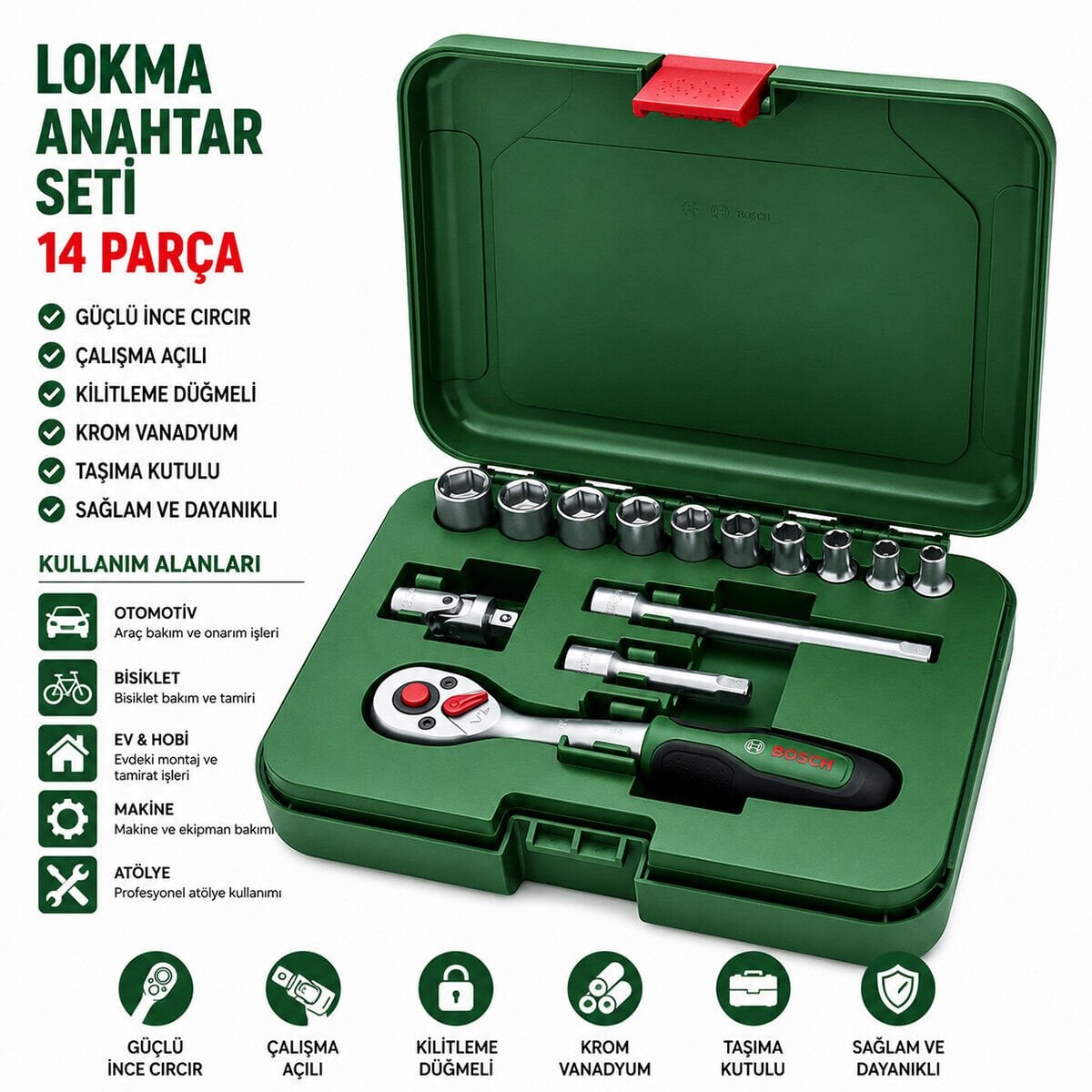 BOSCH-1 600 A02 BY0 ( 431 ) ( 14PCS ) (1/4'') ( LOKMA & 6GEN ANAHTAR & LOKMA UÇ & MAFSAL & UZATMA KOL & CIRCIR KOLU) SET (PLASTİK ÇANTALI)*1