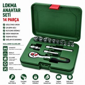 BOSCH-1 600 A02 BY0 ( 431 ) ( 14PCS ) (1/4'') ( LOKMA & 6GEN ANAHTAR & LOKMA UÇ & MAFSAL & UZATMA KOL & CIRCIR KOLU) SET (PLASTİK ÇANTALI)*1
