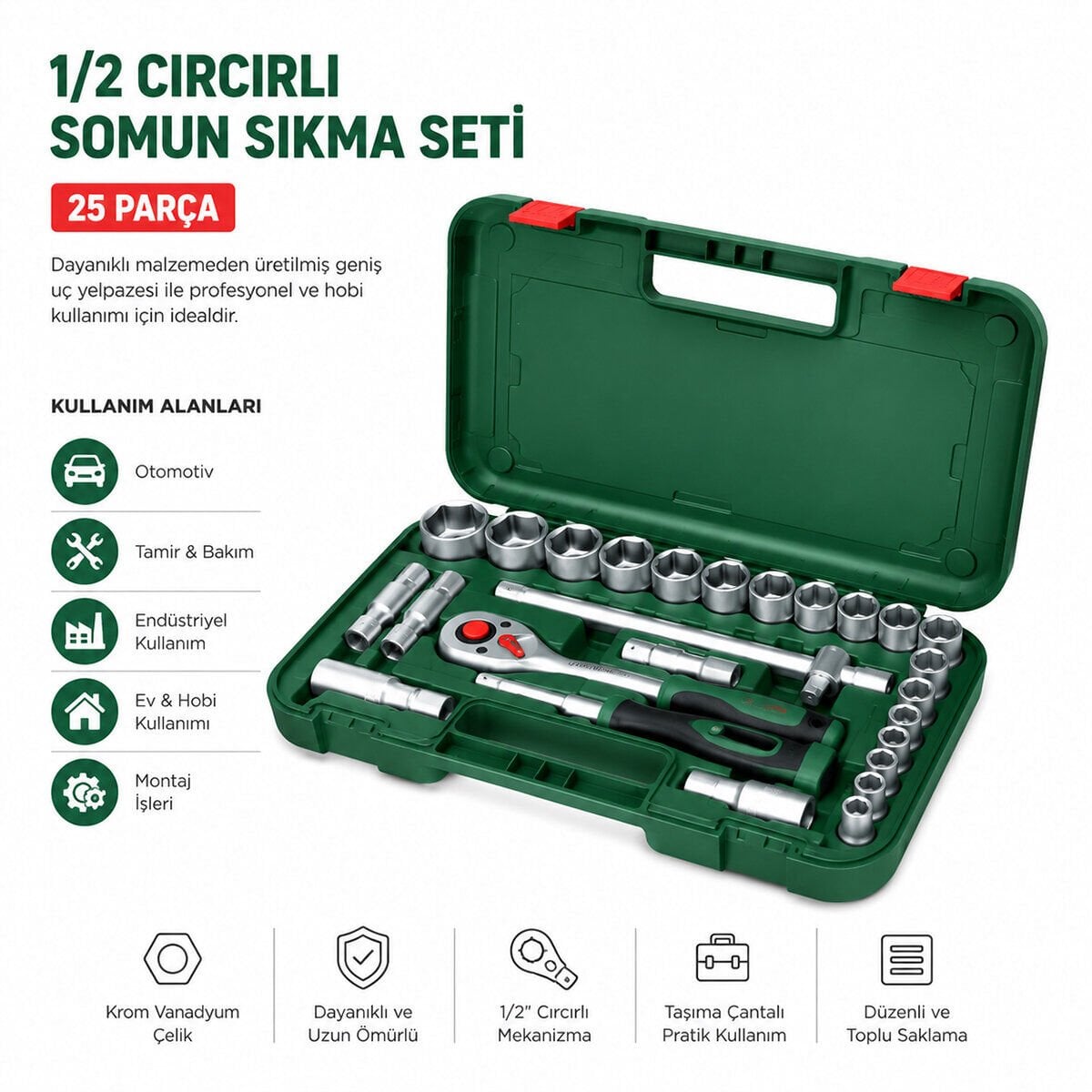 BOSCH-1 600 A02 Z9F ( 532 ) ( 25PCS ) (1/2'') ( LOKMA & 6GEN ANAHTAR & LOKMA UÇ & BUJİ LOKMA & MAFSAL & UZATMA KOL & CIRCIR KOLU) SET (PLASTİK ÇANTALI)*1