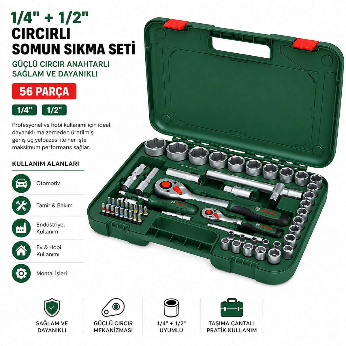 BOSCH-1 600 A02 Z9G ( 531 ) ( 56PCS ) (1/2'' & 1/4'') ( LOKMA & 6GEN ANAHTAR & LOKMA UÇ & BUJİ LOKMA & MAFSAL & UZATMA KOL & CIRCIR KOLU) SET (PLASTİK ÇANTALI)*1