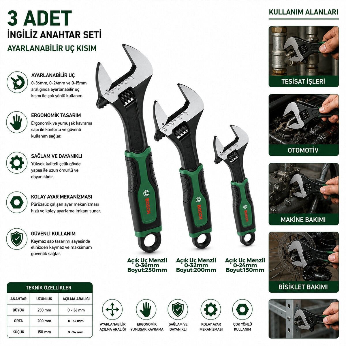 BOSCH-1 600 A03 9HR ( 527 ) ( 3PCS ) İNGİLİZ ANAHTAR & KURBAĞACIK SETİ ( 6''-8''-10'' & 150-200-250MM )*1