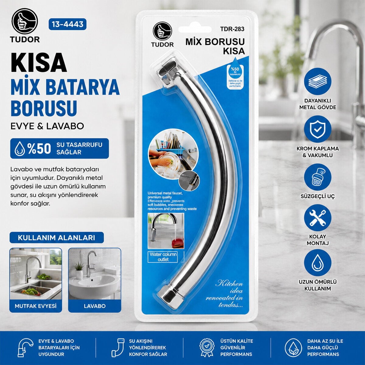 TUDOR TDR-283 ( KUĞU ) ( EVYE & LAVABO ) KISA MİX BATARYA BORUSU ( KROM KAPLAMA & VAKUMLU & SÜZGEÇLİ UÇ)*100