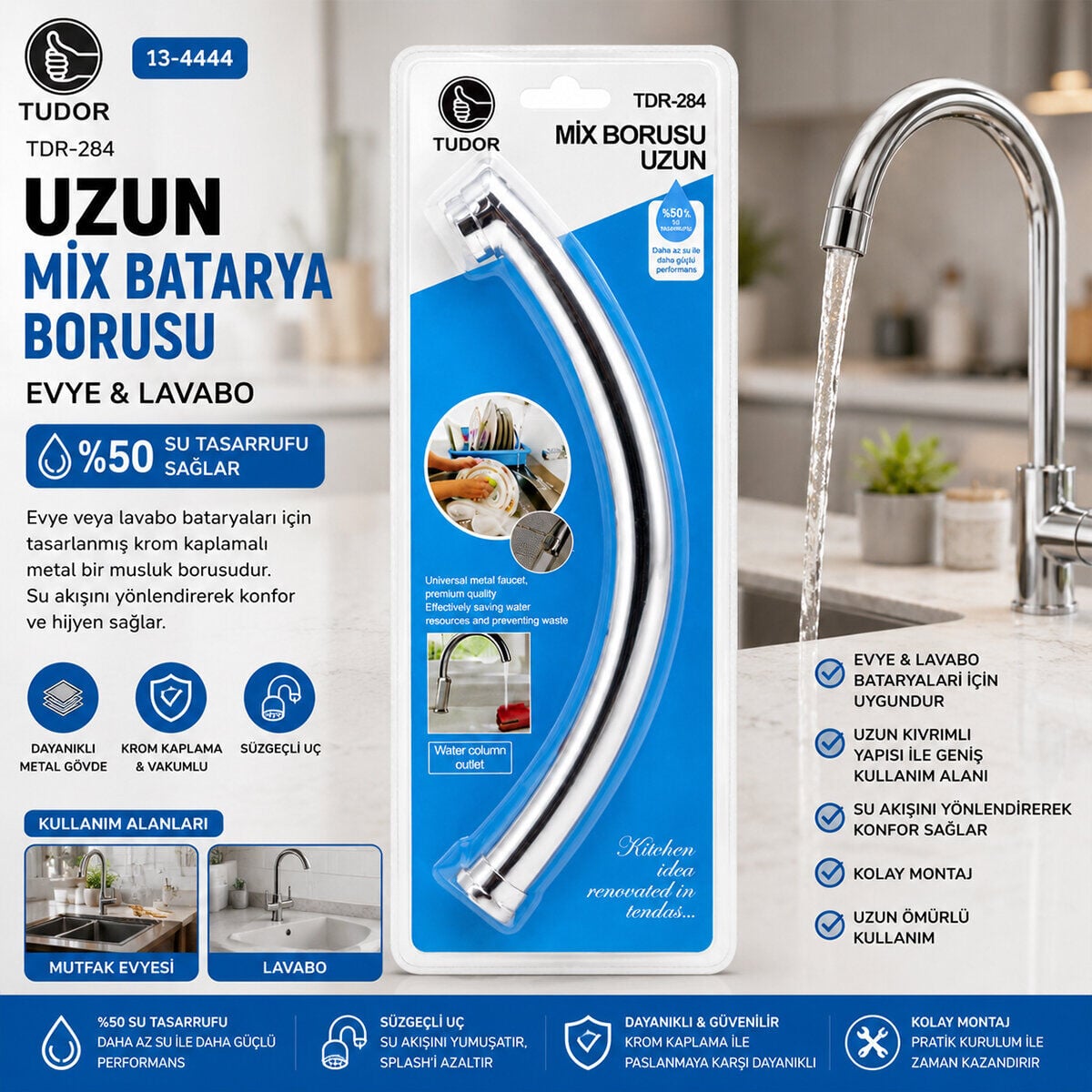 TUDOR TDR-284 ( KUĞU ) ( EVYE & LAVABO ) UZUN MİX BATARYA BORUSU ( KROM KAPLAMA & VAKUMLU & SÜZGEÇLİ UÇ)*100