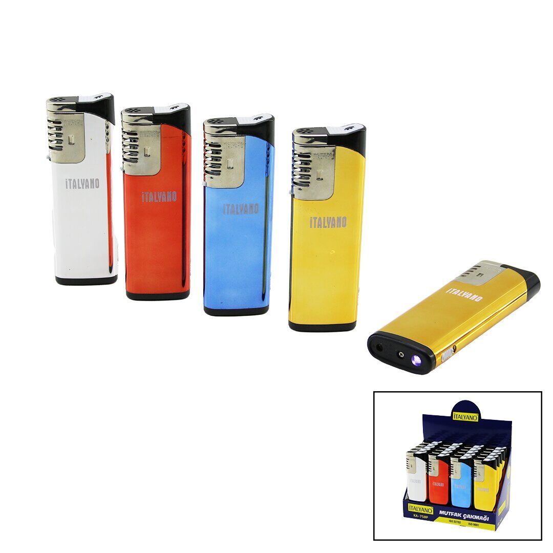 İTALYANO KA-750-P ( AYNALI PARLAK RENKLER ) ( DEV BOY=3.7 X 11.2CM) ( FENERLİ ) ( IZGARALI & RÜZGAR ) MUTFAK ÇAKMAK*20X16