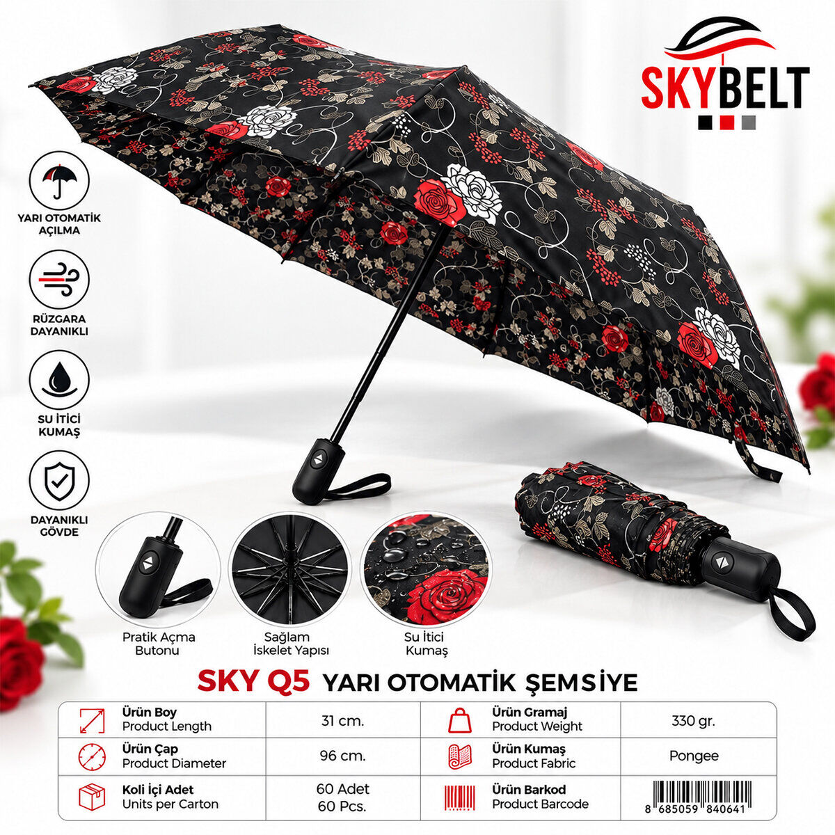 SKYBELT SKY-05 ( BAYAN ) ( YARI OTOMATİK ) ŞEMSİYE ( RENKLİ DESENLİ ) ( 8 TELLİ )*12X5