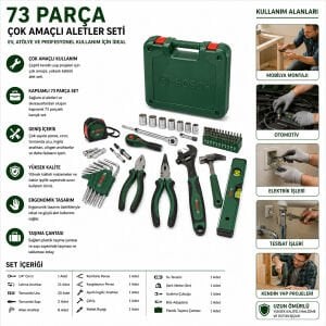 BOSCH-1 600 A02 9HZ ( 531 ) ( 73PCS ) HIRDAVAT SET ( KURBAĞACIK-KERPETEN-PAPAĞAN PENSE-ÇEKİÇ-CIRCIR KOL-TORNAVİDA-BİTS UÇ-ALYAN SET-SU TERAZİSİ- PENSE- MAKET BIÇAK & YEDEK -ŞERİT METRE-KALEM)*1
