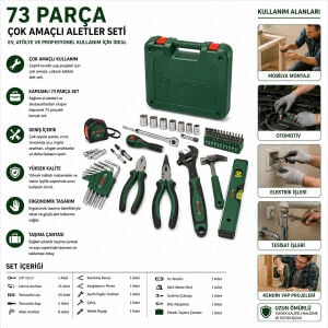 BOSCH-1 600 A03 9HZ ( 531 ) ( 73PCS ) HIRDAVAT SET ( KURBAĞACIK-KERPETEN-PAPAĞAN PENSE-ÇEKİÇ-CIRCIR KOL-TORNAVİDA-BİTS UÇ-ALYAN SET-SU TERAZİSİ- PENSE- MAKET BIÇAK & YEDEK -ŞERİT METRE-KALEM)*1