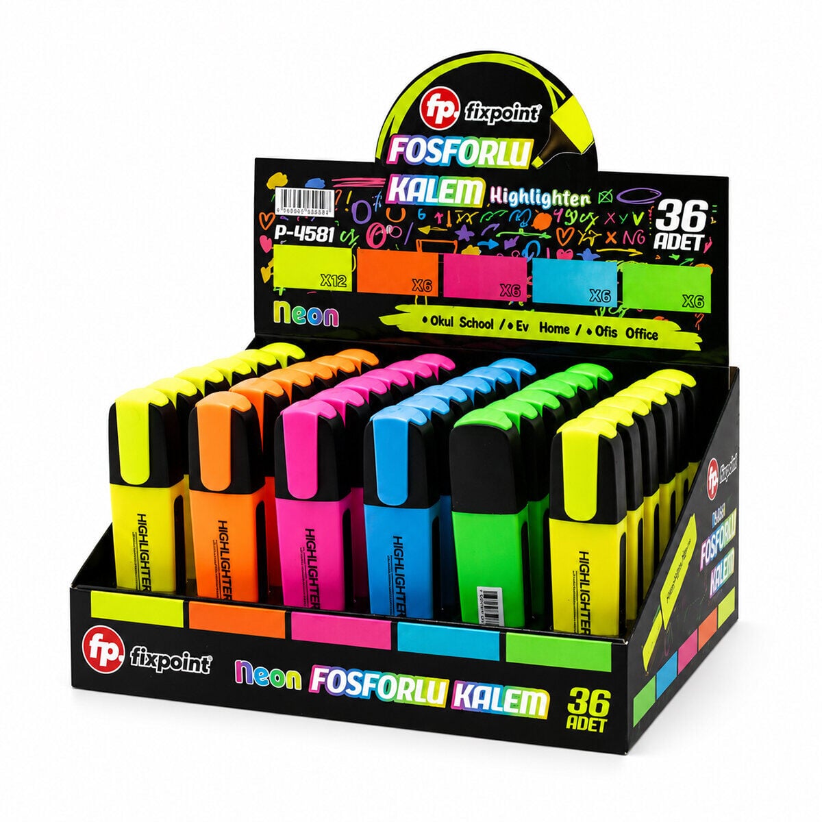 FİXPOİNT P-4581 NEON FOSFORLU KALEM STANDLI (  12 - SARI & 6 - TURUNCU & 6 - PEMBE & 6 - MAVİ & 6 - YEŞİL )*36X24