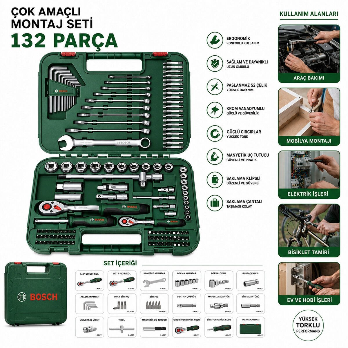 BOSCH-1 600 A02 Z9B ( 132PCS ) (1/2'' & 1/4'' CIRCIR KOL & 10PCS ALYAN & LOKMA - BİTS - UZATMA UÇLARI & KOMBİNE ANAHTAR )