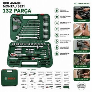 BOSCH-1 600 A02 Z9B ( 132PCS ) (1/2'' & 1/4'' CIRCIR KOL & 10PCS ALYAN & LOKMA - BİTS - UZATMA UÇLARI & KOMBİNE ANAHTAR )