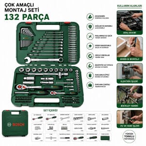 BOSCH-1 600 A02 Z9B ( 132PCS ) (1/2'' & 1/4'' CIRCIR KOL & 10PCS ALYAN & LOKMA - BİTS - UZATMA UÇLARI & KOMBİNE ANAHTAR )*1