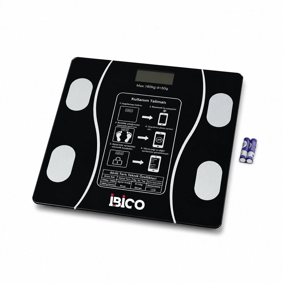 İBİCO İ11-023 ( BLUETOOTH & VÜCUT ANALİZLİ ) ( CAM ) DİJİTAL  BANYO BASKÜL TERAZİ TARTI ( 180KG/50G ) ( YAĞ & SU & KAS ORAN & BMI )*10